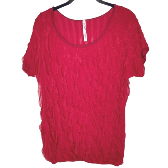 Andrea Missy Women Crimson Red Chiffon Flutter Ruffles Fairycore Blouse - Picture 2 of 9